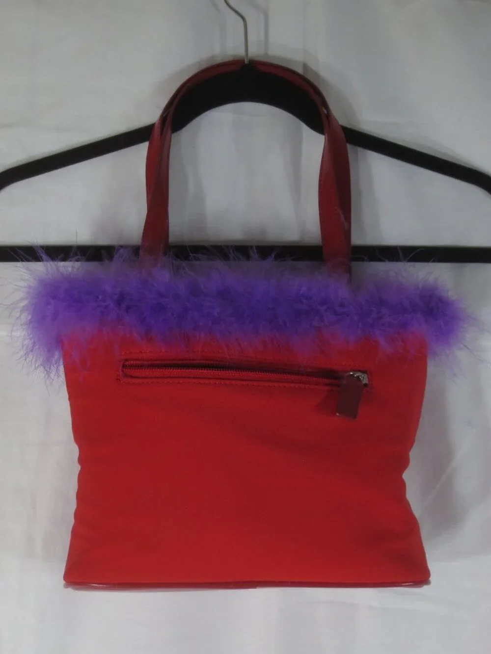 90s Red Hat Bag Red Purple Fabric Vinyl Rhinestone Feather Small Shoulder Purse